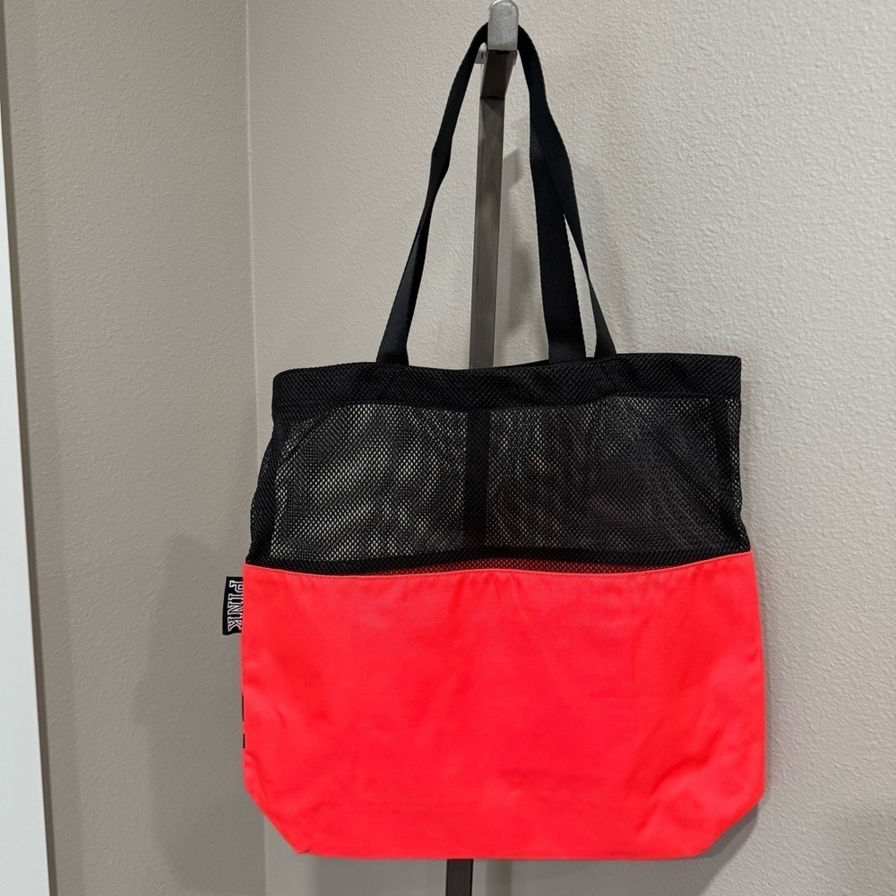 NWOT PINK Victoria’s Secret bright neon coral pink/ black black tote bag - Picture 2 of 4